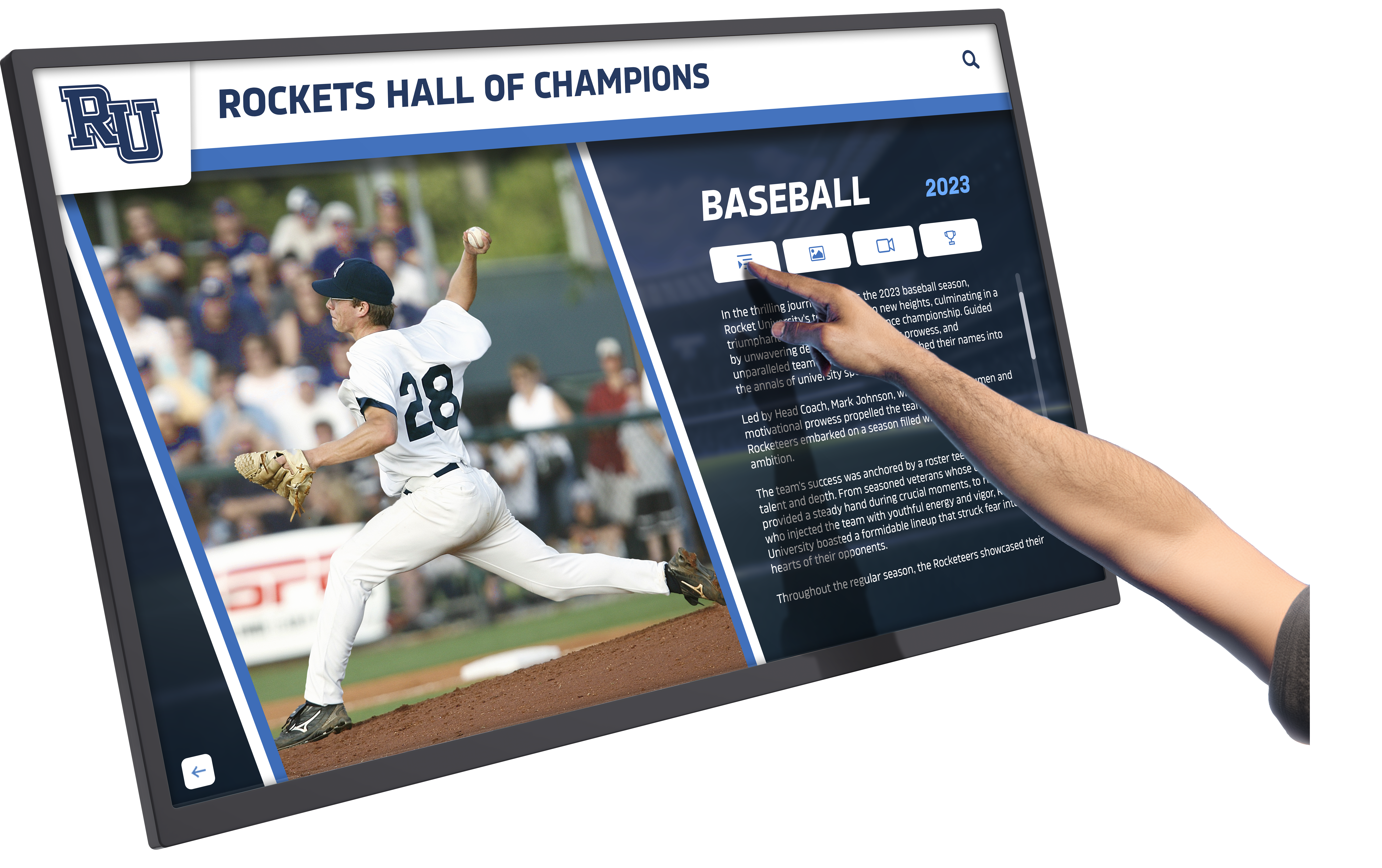 Hand pointing at interactive touchscreen showing Rockets Hall baseball pitcher profile